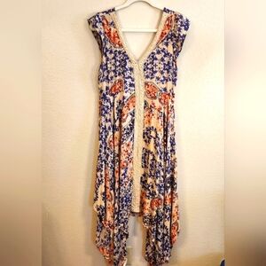 Lola P Rayon Sleeveless Crochet Trim Boho Dress. Flowy Graduated Hem. Size M